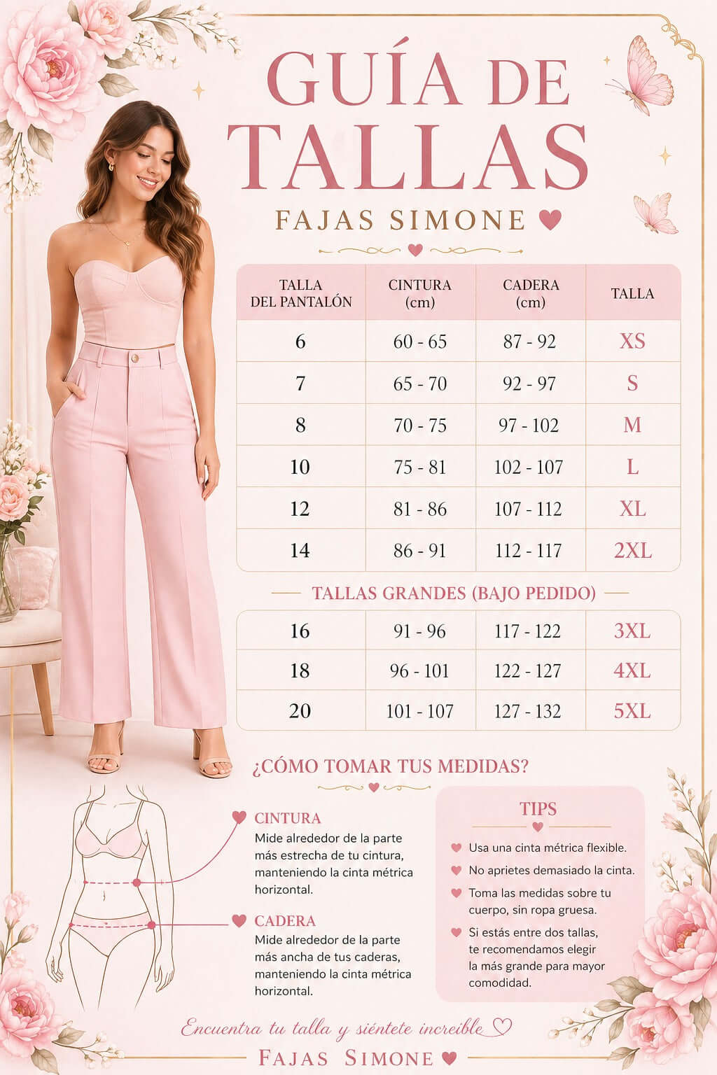 Guía de tallas para el body reductor y moldeador de Fajas Simone, con medidas y consejos para elegir la talla adecuada.